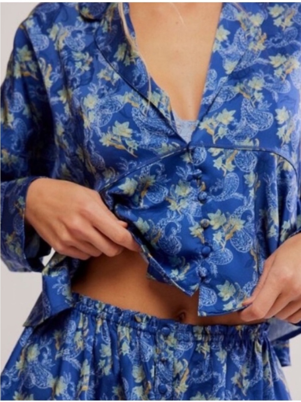 Intimately Free- Free People-Blue Floral Satin Button-Front Pajama Set NWOT